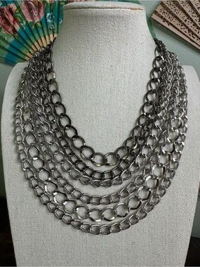 Chico's Bailey Necklace Layered Metallic Silver and Gun Metal Multi-Chain